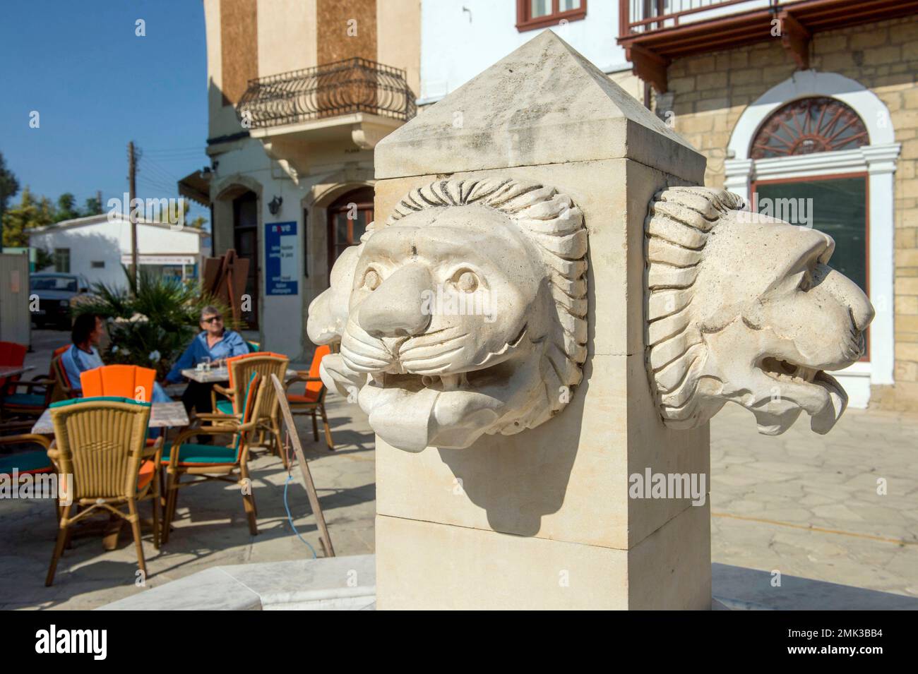 Lion's head fountain in the village square of Polis Chrysochou. Stock Photo