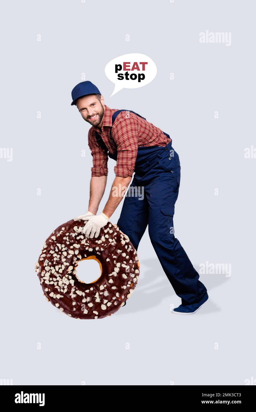 Vertical collage portrait of cheerful auto car mechanic man big chocolate donut instead tire wheel peat stop isolated on grey background Stock Photo