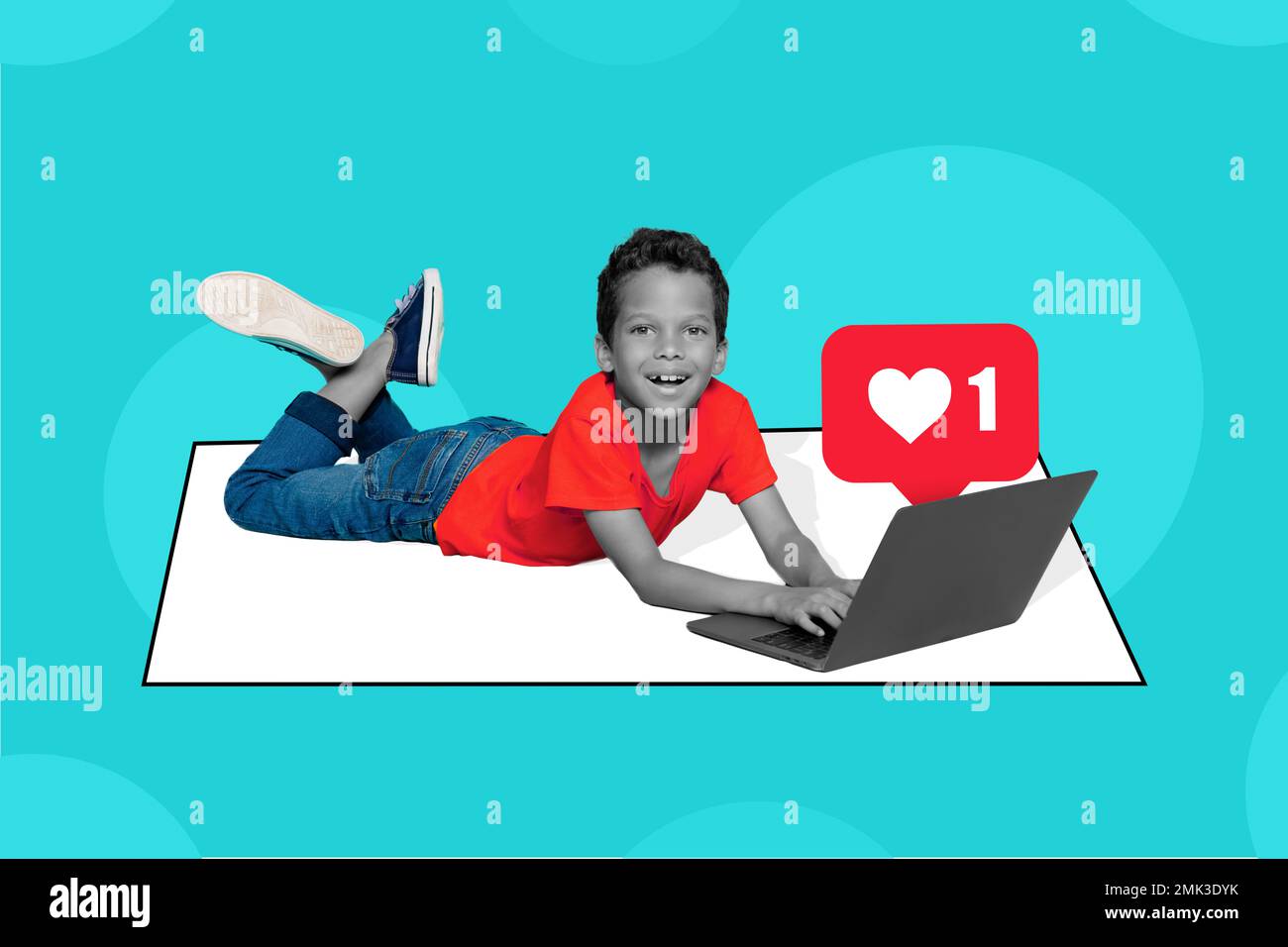 Creative template graphics collage image of little child boy chatting instagram telegram facebook isolated drawing background Stock Photo