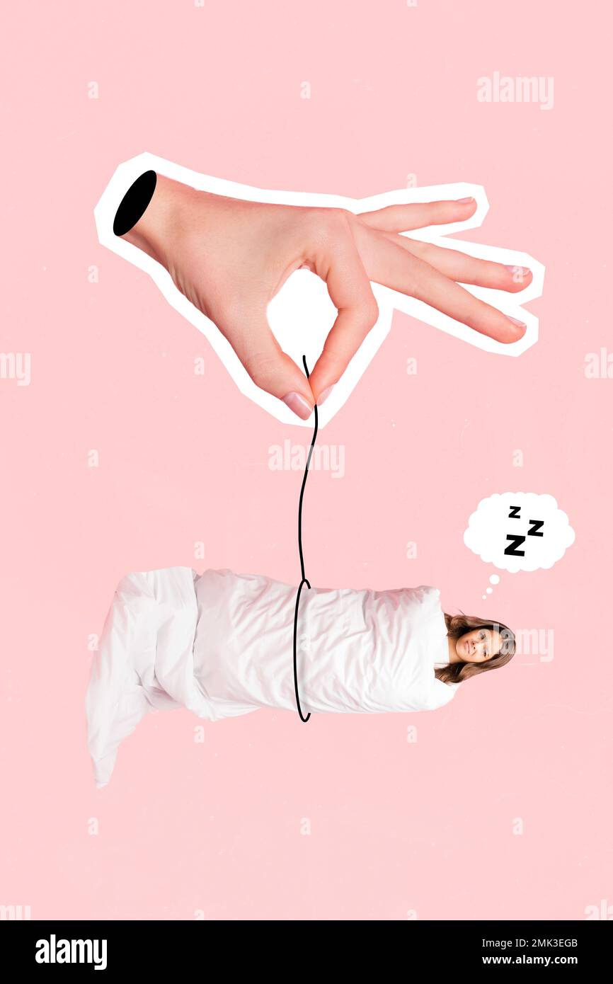 Collage photo of young unhappy dissatisfied preteen schoolgirl sleeping dont want wake up before breakfast wrap blanket isolated on pink background Stock Photo
