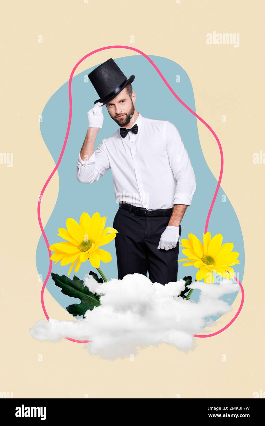 Vertical collage image of classy magician guy hand touch hat fresh yellow flowers clouds isolated on drawing background Stock Photo