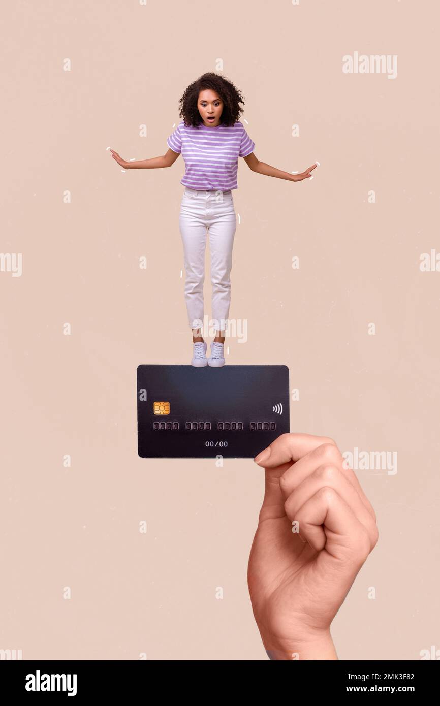 Vertical collage image of arm fingers hold impressed mini girl stand plastic debit card isolated on beige color background Stock Photo