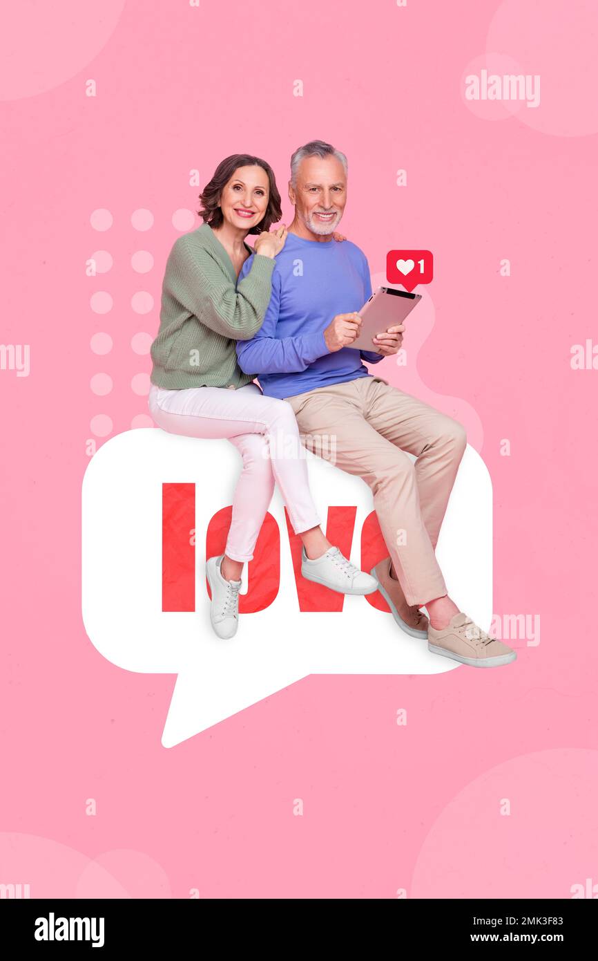 Vertical collage image of two lovely aged people embrace sit big dialogue love bubble use tablet isolated on pink background Stock Photo