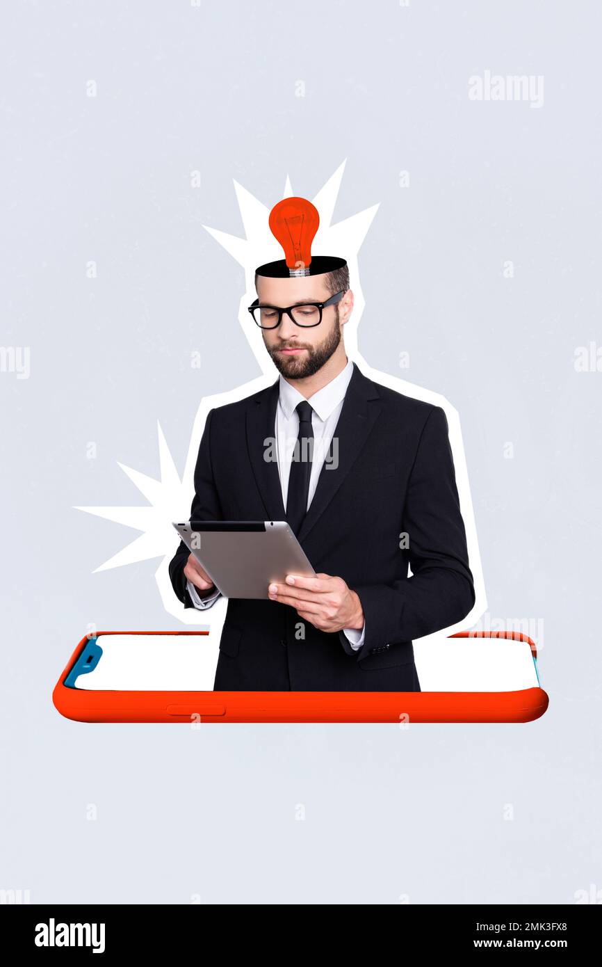 Vertical collage image of corporate man use tablet inside huge telephone display light bulb head isolated on creative background Stock Photo