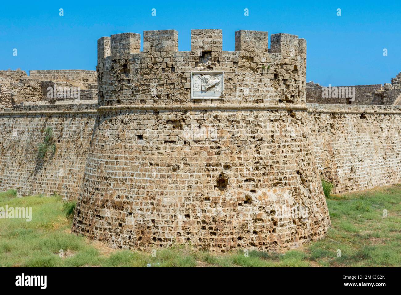 A bastion of the Venetian fortress in Famagusta. Each of the towers of the inner ring of the fortress is decorated with the coat of arms of Venice Stock Photo