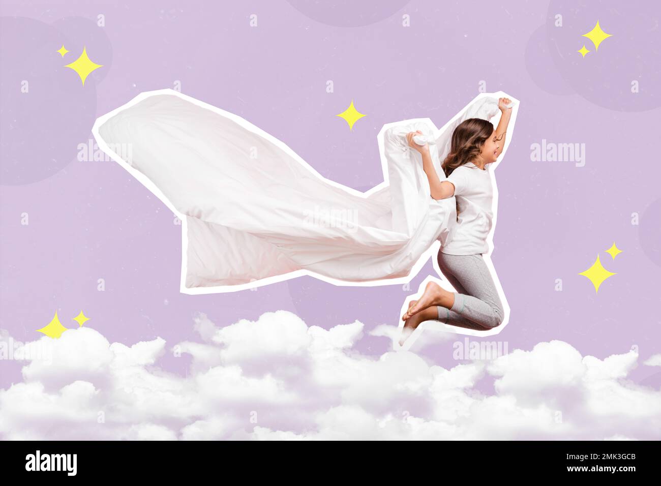 Collage 3d image of pinup pop retro sketch of funny carefree small kid flying blanket isolated painting background Stock Photo