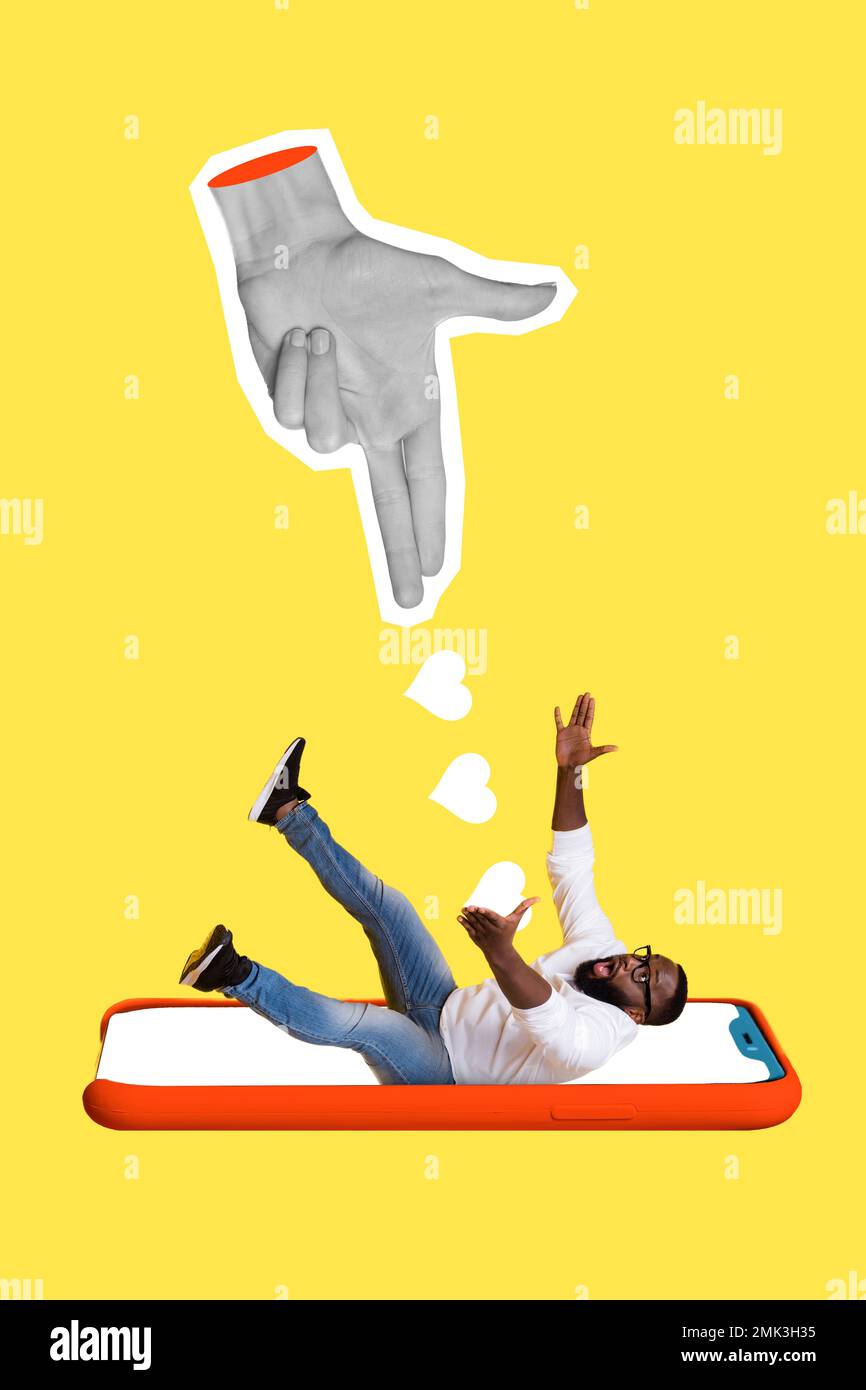 Creative 3d artwork collage photo of young excited student blogger guy falling down inside phone screen popularity isolated on yellow background Stock Photo