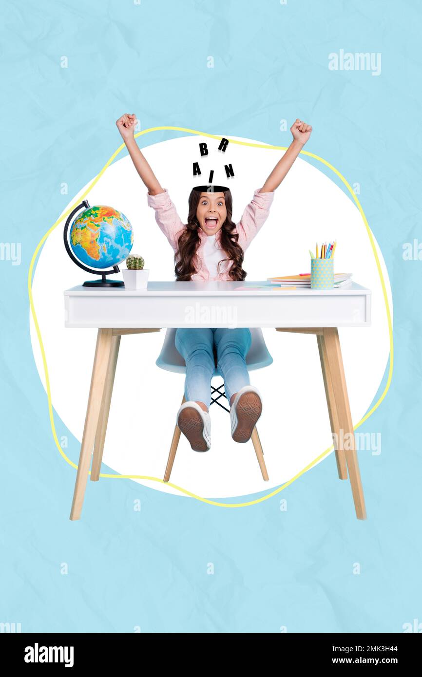 Composite collage artwork of youngster small schoolgirl preteen headless brain celebrate done homework sit desk studying isolated on blue background Stock Photo