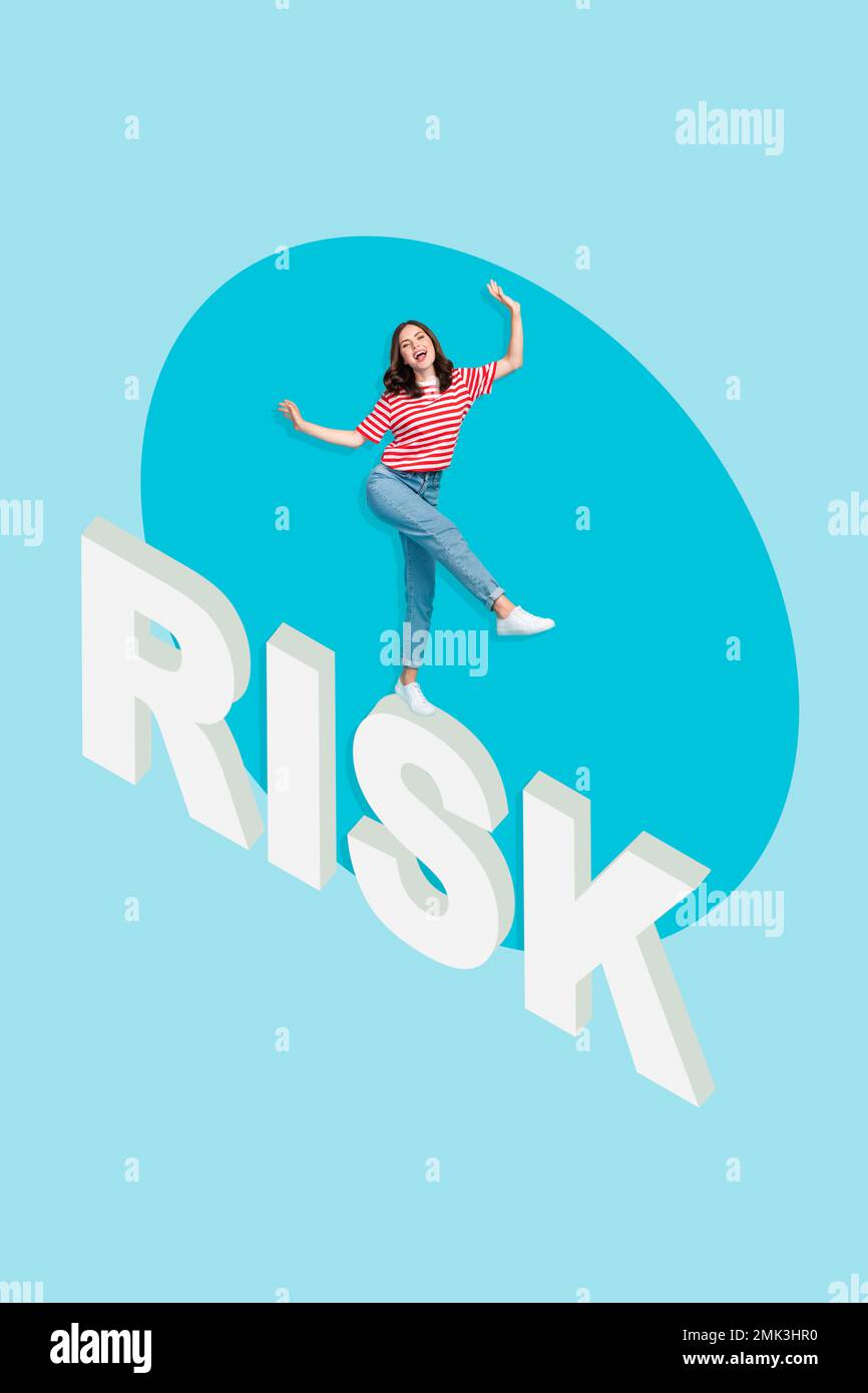 Collage photo of young positive funny miniature woman walk risk management investment decision analysis strategy isolated on blue background Stock Photo