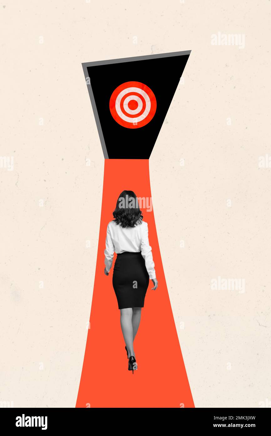Composite collage photo of young startup businesswoman step go direction point target become successful ceo isolated on beige color background Stock Photo