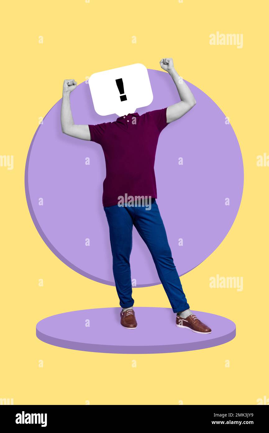 Poster magazine collage of absurd guy with exclamation mark head raise fist up advertise discount promo Stock Photo