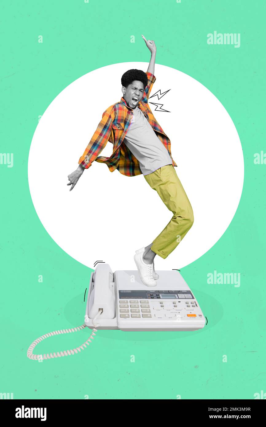 Creative montage graphics collage of happy funny guy dance loud