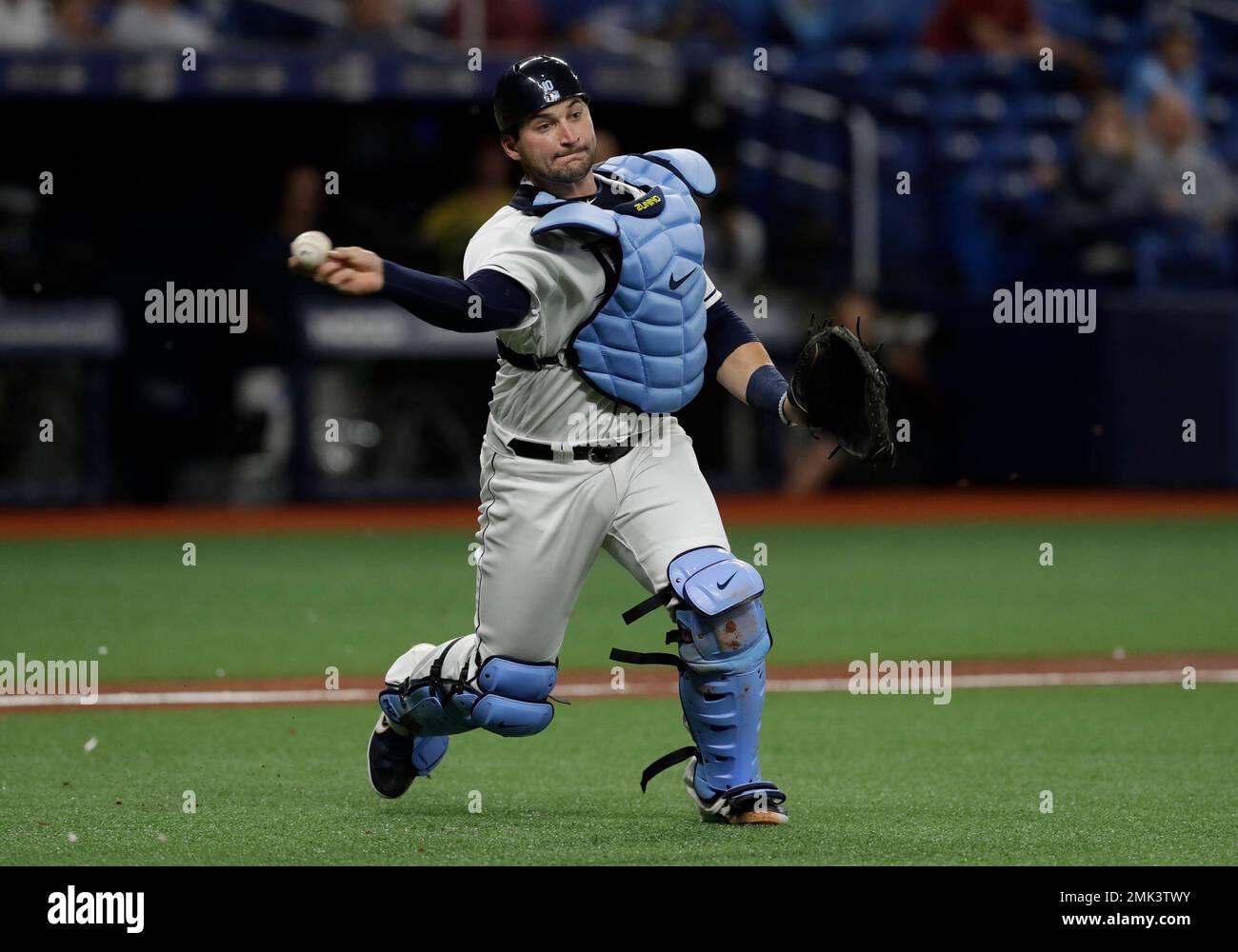 Tampa Bay Rays catcher Mike Zunino throws out Kansas City Royals' Chris  Owings at first during the fourth inning of a baseball game Monday, April  22, 2019, in St. Petersburg, Fla. (AP