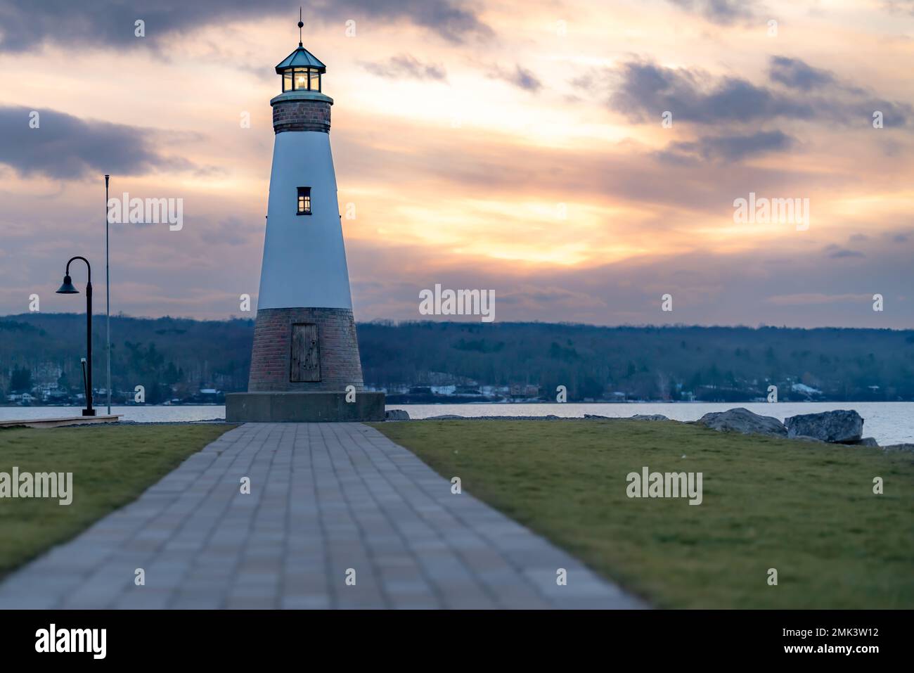 Sunset photo of the Myers Point Lighthouse at Myers Park in Lansing NY
