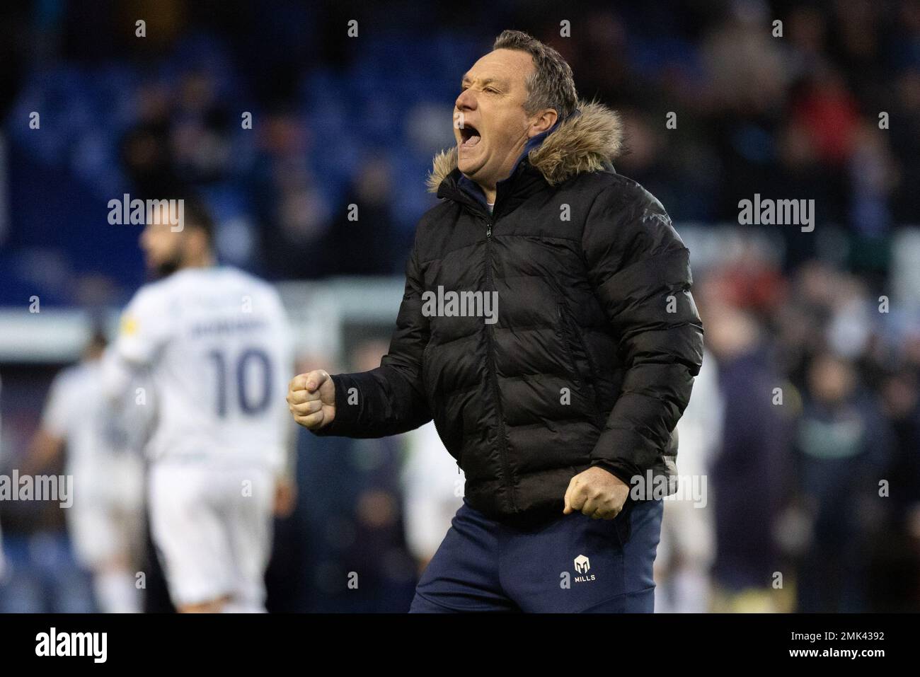 Mickey Mellon manager of Tranmere Rovers celebrates with the home fans after the Sky Bet League 2 match Tranmere Rovers vs Leyton Orient at Prenton Park, Birkenhead, United Kingdom, 28th January 2023  (Photo by Phil Bryan/Alamy Live News) Stock Photo