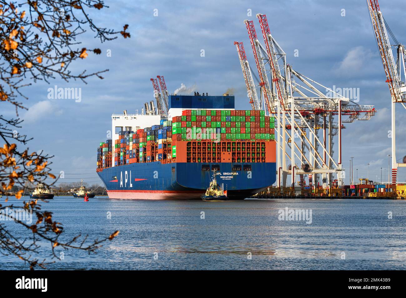 The CMA CGM container ship APL Singapura arriving at the Port of Southampton. Stock Photo