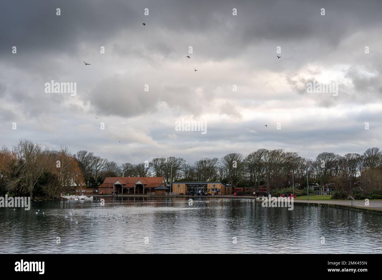 A view of Marine Park, South Shields, South Tyneside UK boating lake in winter with a dramatic sky and birds flying. Stock Photo