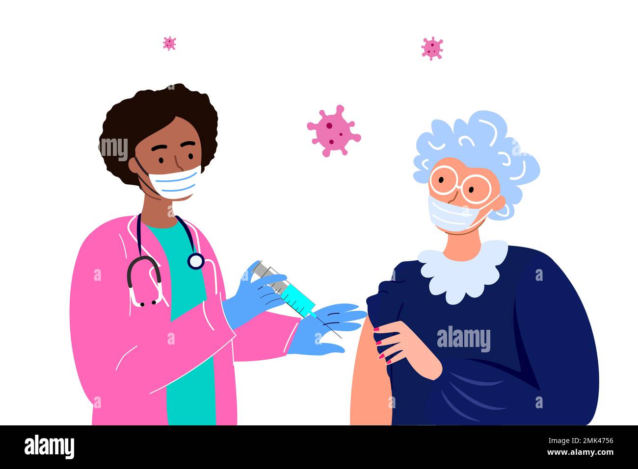 Old Inoculation Afriacn Nurse Doctor Support and Vaccinate Old Retired Woman.COVID ...