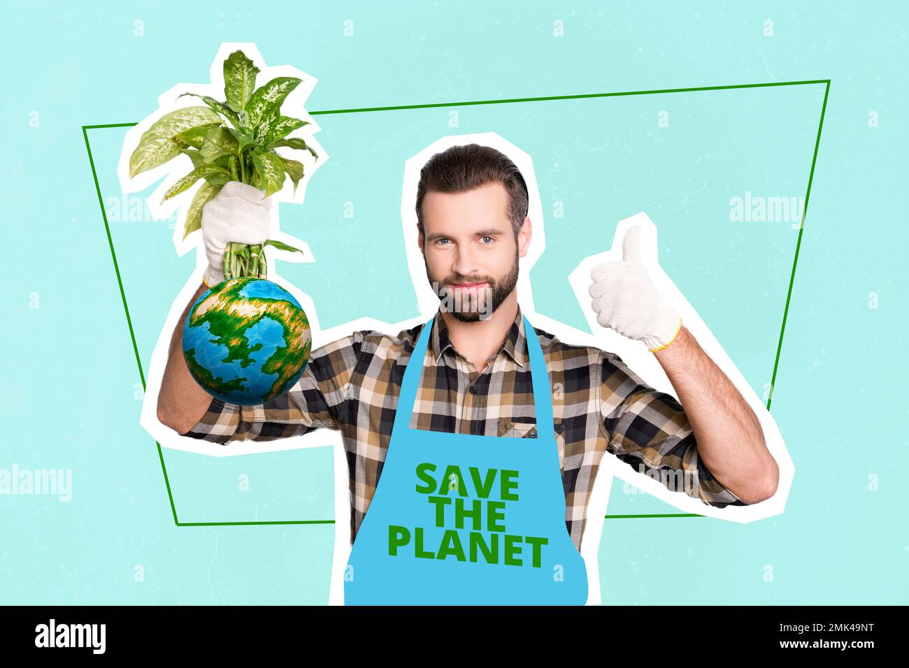 Collage photo poster of young ecology activist man thumb up like his ...