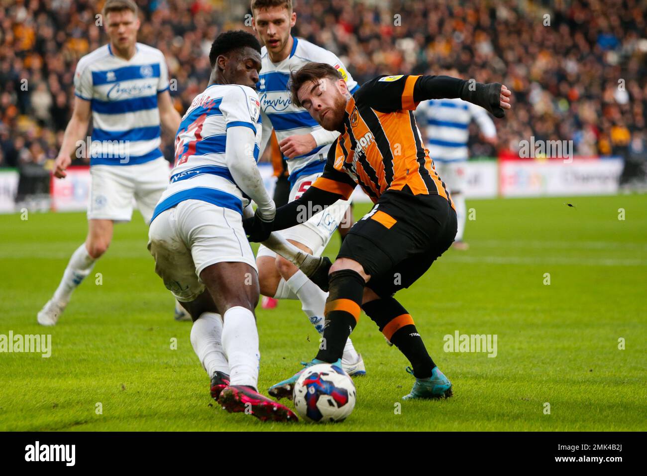 Aaron Connolly #44 of Hull City Tim Iroegbunam #47 of QPR during the Sky  Bet Championship match Hull City vs Queens Park Rangers at MKM Stadium, Hull,  United Kingdom, 28th January 2023 (