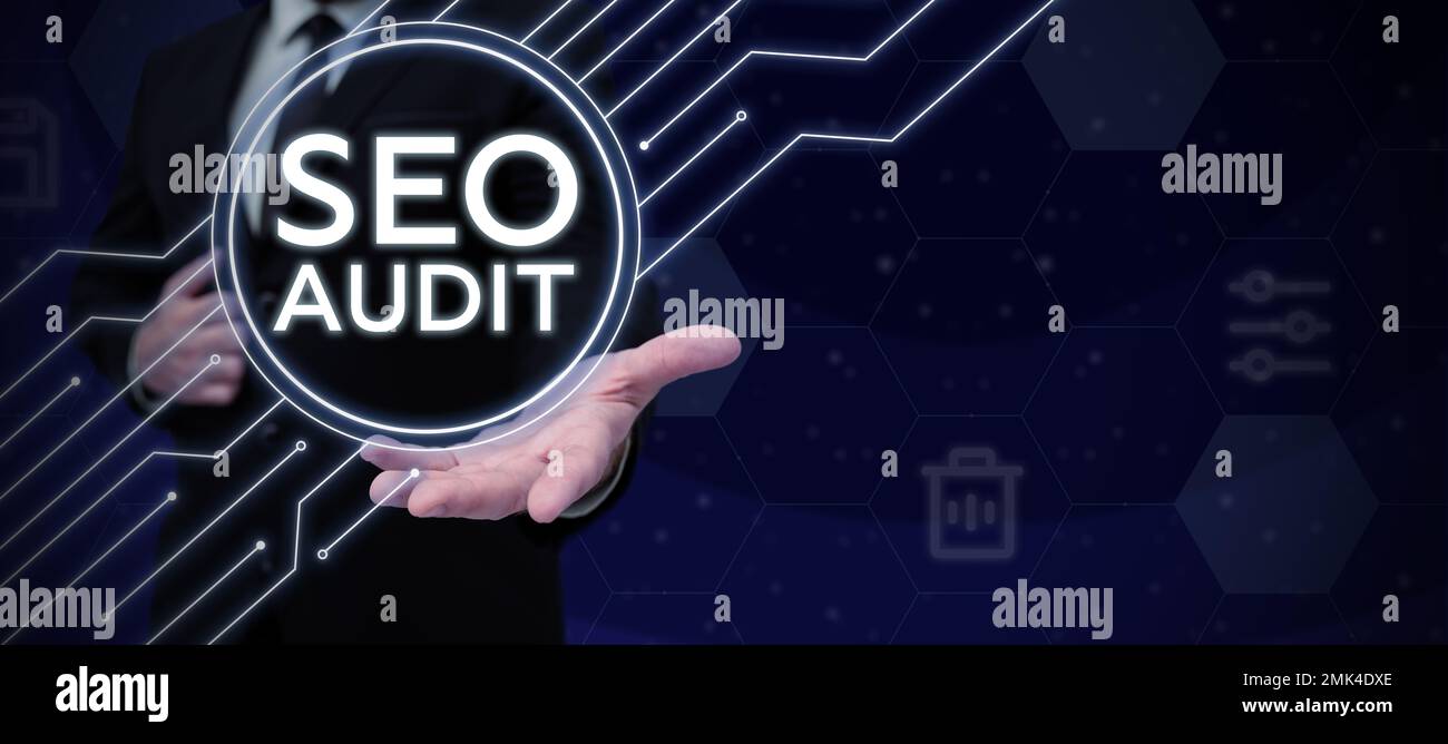 Text caption presenting Seo Audit. Business concept Search Engine Optimization validating and verifying process Stock Photo