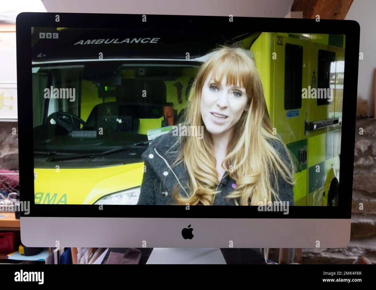 Deputy Leader of the Labour Party Angela Rayner MP at NHS Harlow Ambulance Station on computer screen BBC news 27 January 2023 London UK Britain Stock Photo