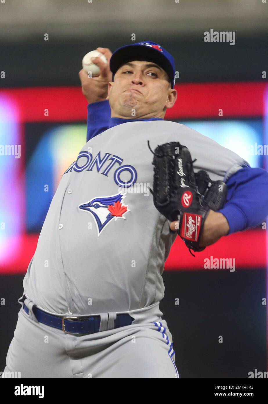 Toronto Blue Jays pitcher Javy Guerra throws against the Minnesota
