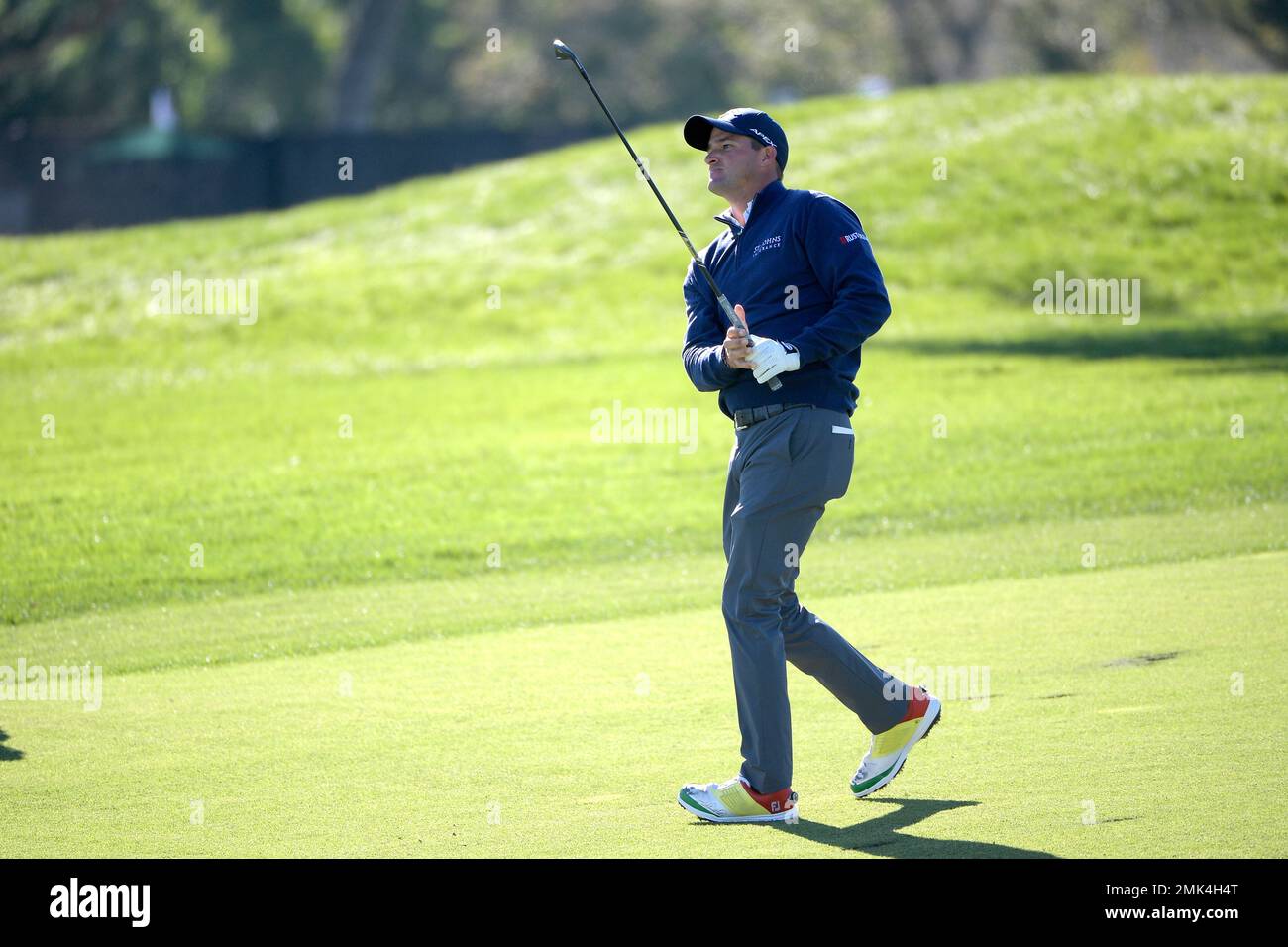 Sam Saunders, grandson of Arnold Palmer, watches his shot from the 18th  fairway during the first round of the Arnold Palmer Invitational golf  tournament Thursday, March 7, 2019, in Orlando, Fla. (AP