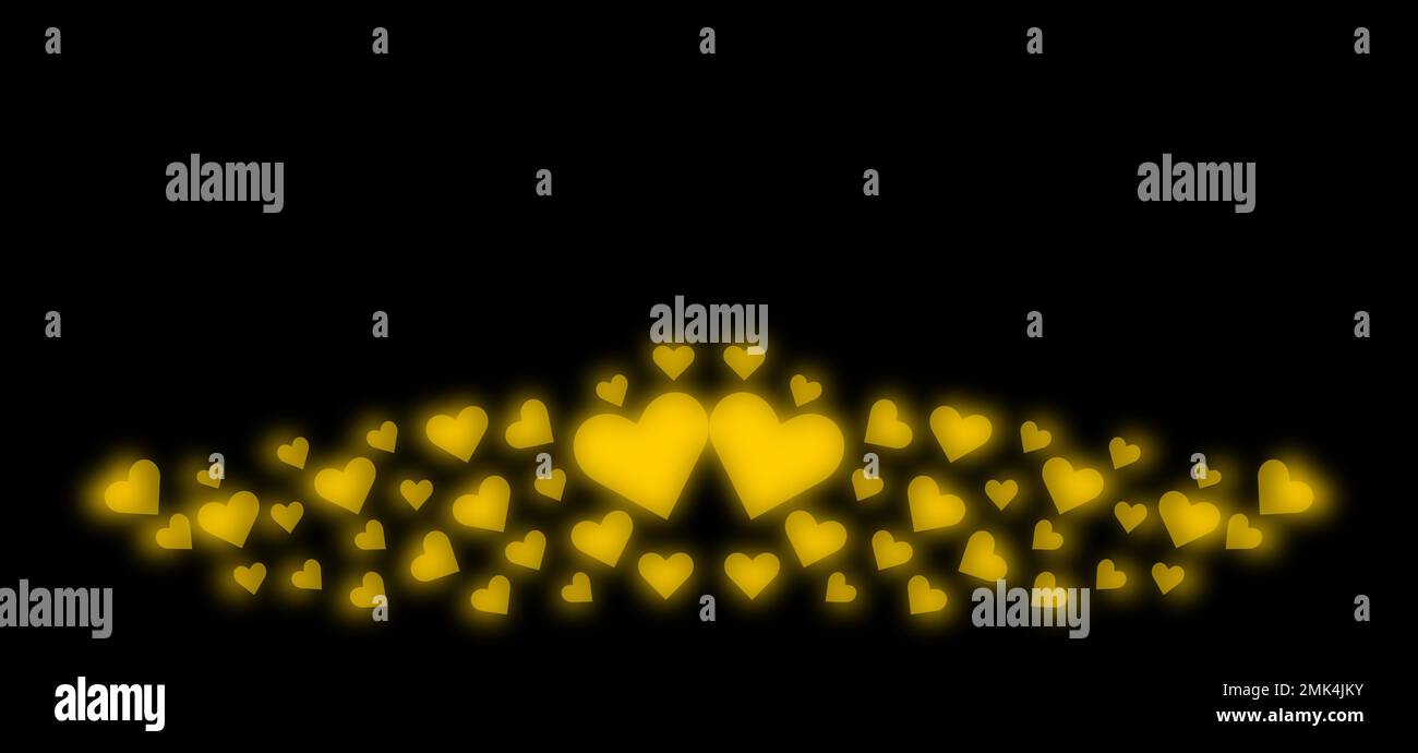 Yellow blurred hearts on the black background. Background for Valentine's day. Stock Photo