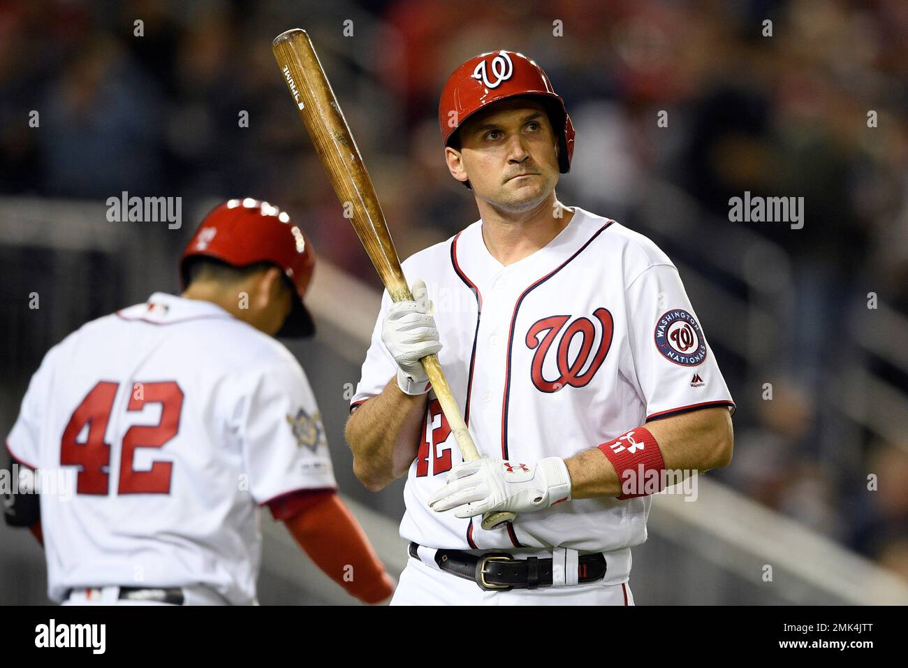 Washington Nationals' Ryan Zimmerman stands on the field after he struck  out during a baseball game against the San Francisco Giants, Tuesday, April  16, 2019, in Washington. The Giants won 7-3. (AP