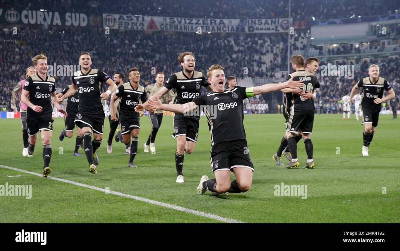 Ajax players celebrate at the end of the Champions League, quarterfinal,  second leg soccer match between Juventus and Ajax, at the Allianz stadium  in Turin, Italy, Tuesday, April 16, 2019. Ajax won