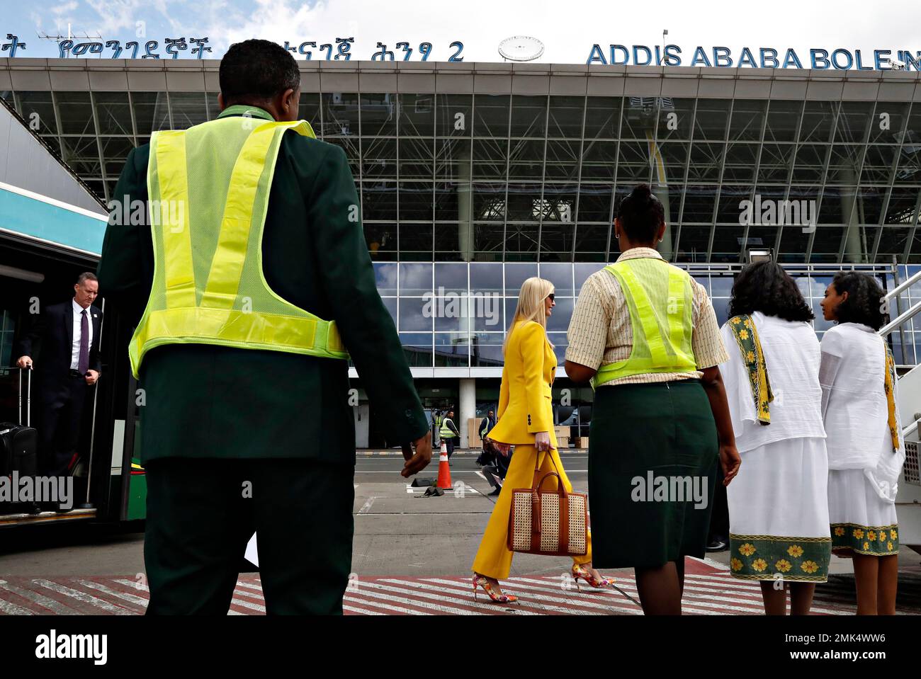 U.S. White House senior adviser Ivanka Trump walks from an airport bus to board an Ethiopian