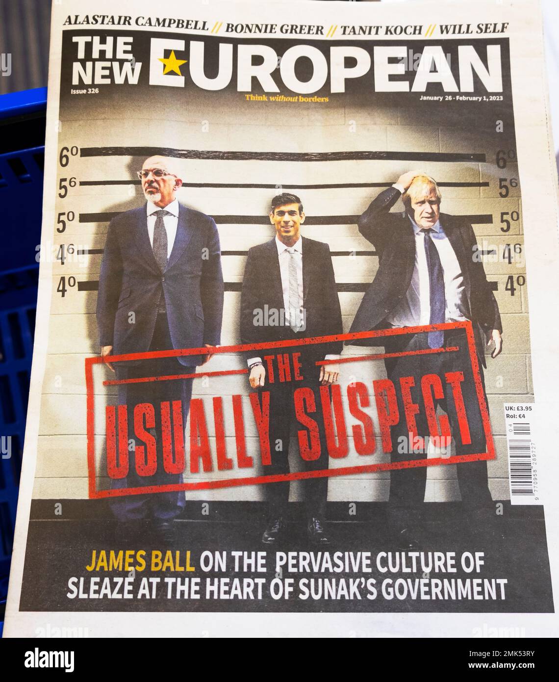 Front page of The New European newspaper 'Usual Suspect' Nadim Zahawi, Rishi Sunak, Boris Johnson government sleaze article January 2023 London UK Stock Photo