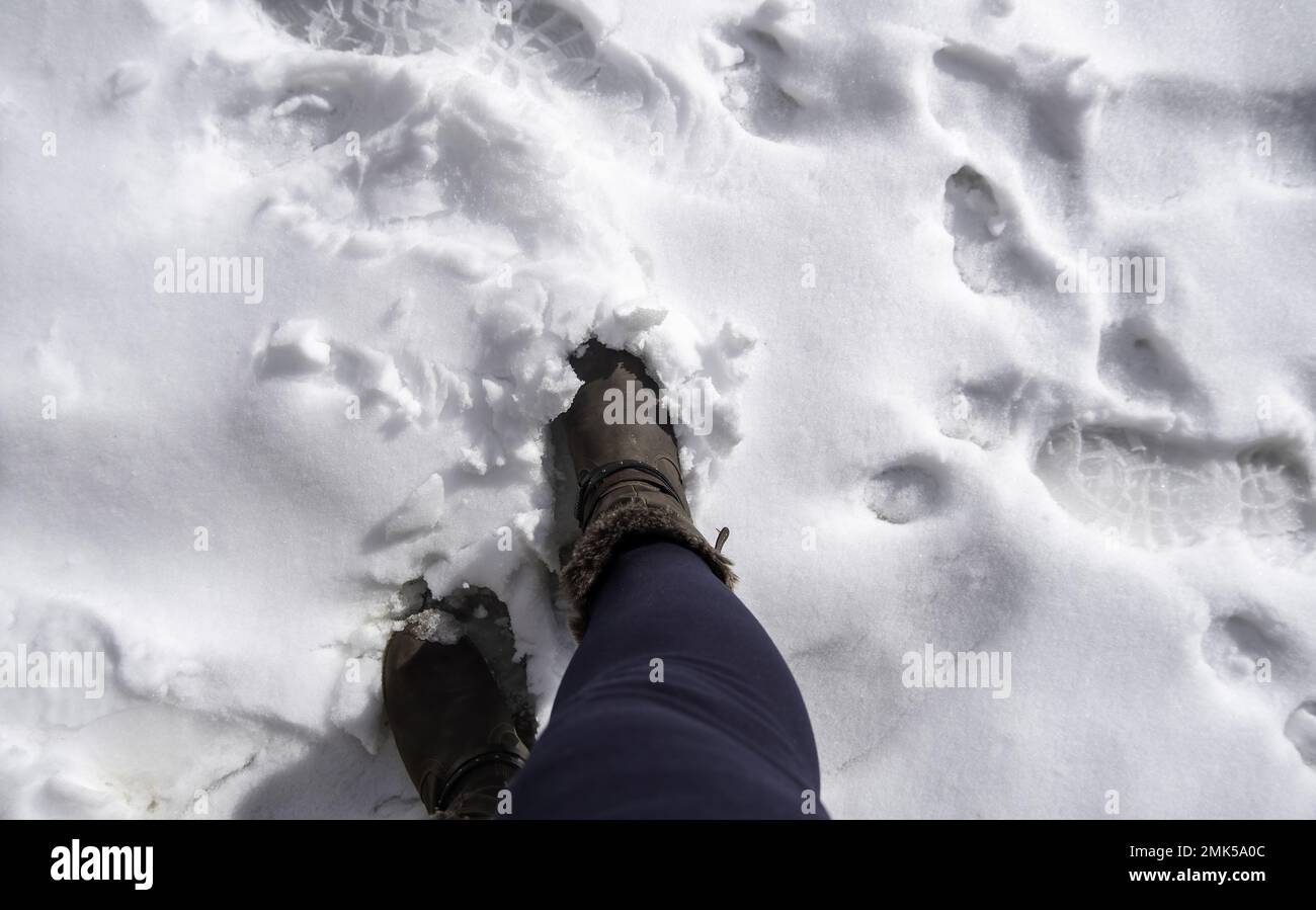 Footprints in the snow, winter mountain hiking, sport Stock Photo