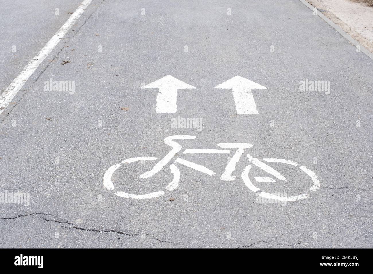 Road markings of a bicycle path in a park on a riding lane. A sidewalk