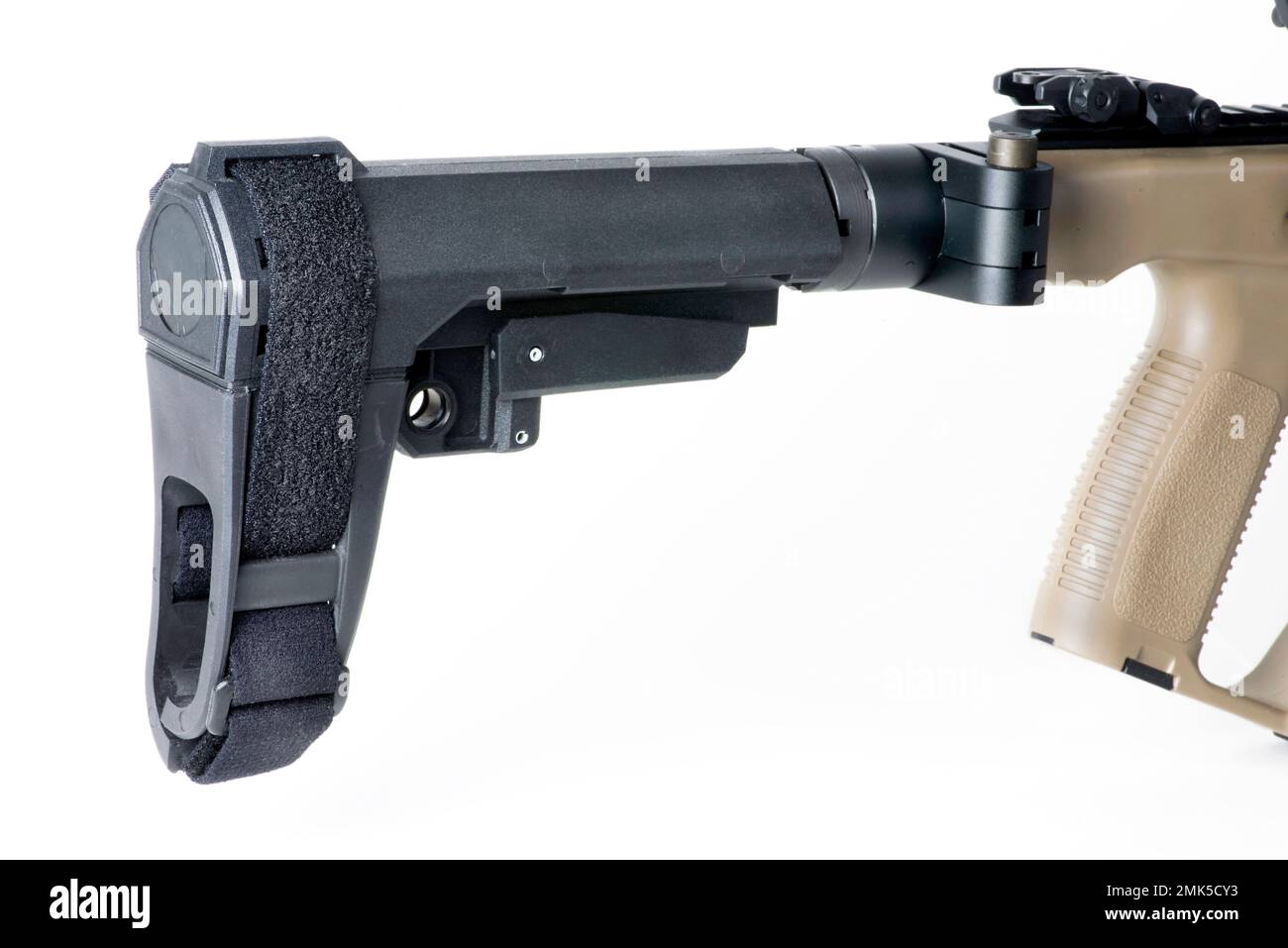 Banned folding pistol brace on 9mm pistol. Stock Photo