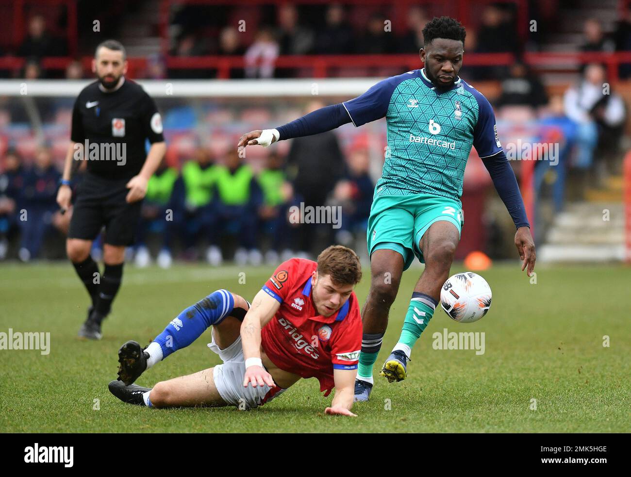 Aldershot, UK. 28th January 2023. Aldershot, UK. 28th January 2023Mike Fondop of Oldham Athletic Association Football Club tussles with Oliver Pendlebury of Aldershot Town Football Club during the Vanarama National League match between Aldershot Town and Oldham Athletic at the EBB Stadium, Aldershot on Saturday 28th January 2023. (Credit: Eddie Garvey | MI News) Credit: MI News & Sport /Alamy Live News Stock Photo