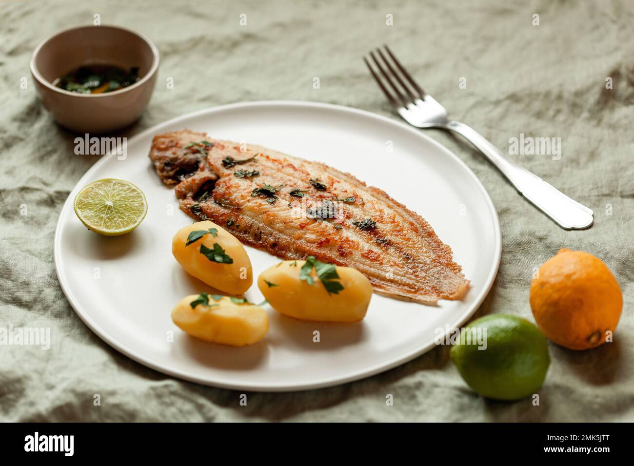 fried sole fish served with boiled potatoes and parsley sauce, plate on a kitchen napkin, side view Stock Photo