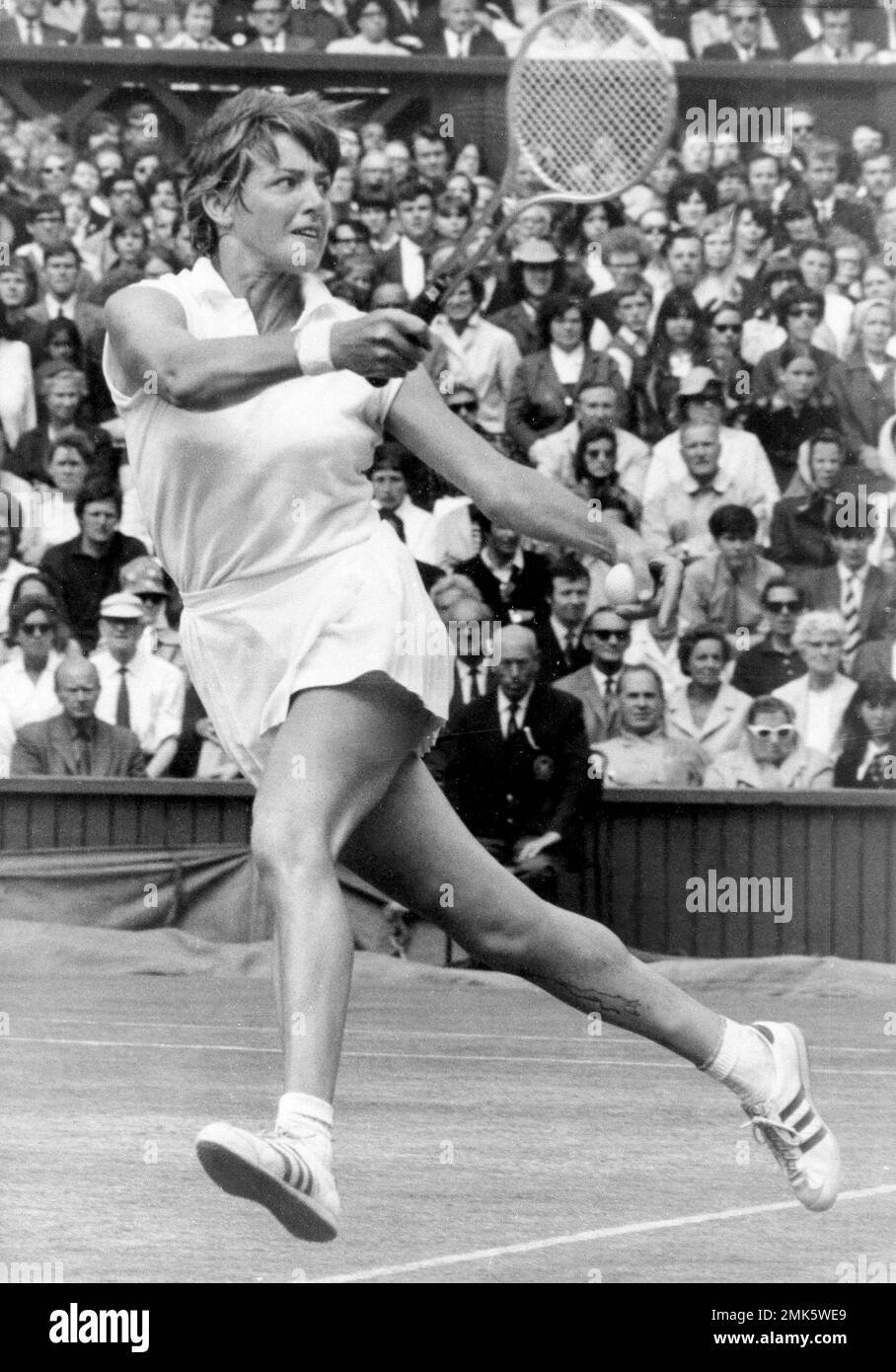 Margaret Court of Australia, No. 1 seed, makes a forehand return while