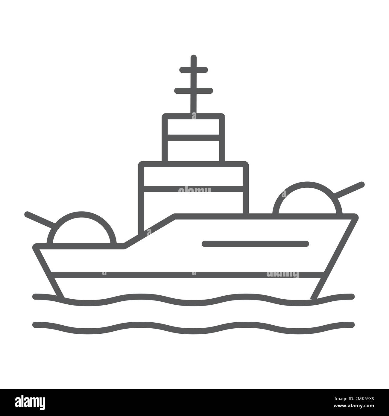 Battleship thin line icon, navy and army, warship sign, vector graphics, a linear pattern on a white background, eps 10. Stock Vector