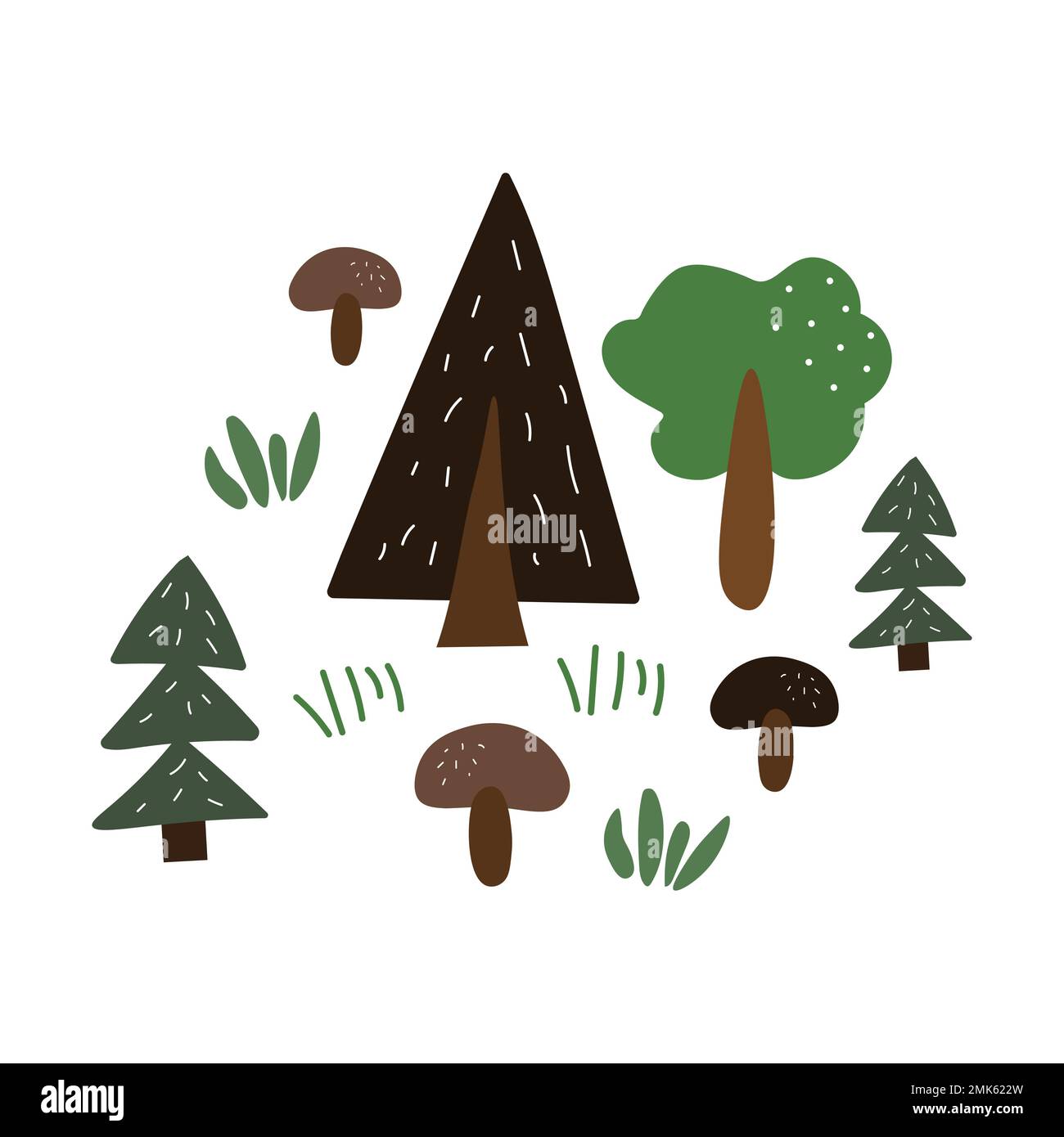 Christmas trees and mushrooms with grass. Summer nature forest illustration. Stock Vector
