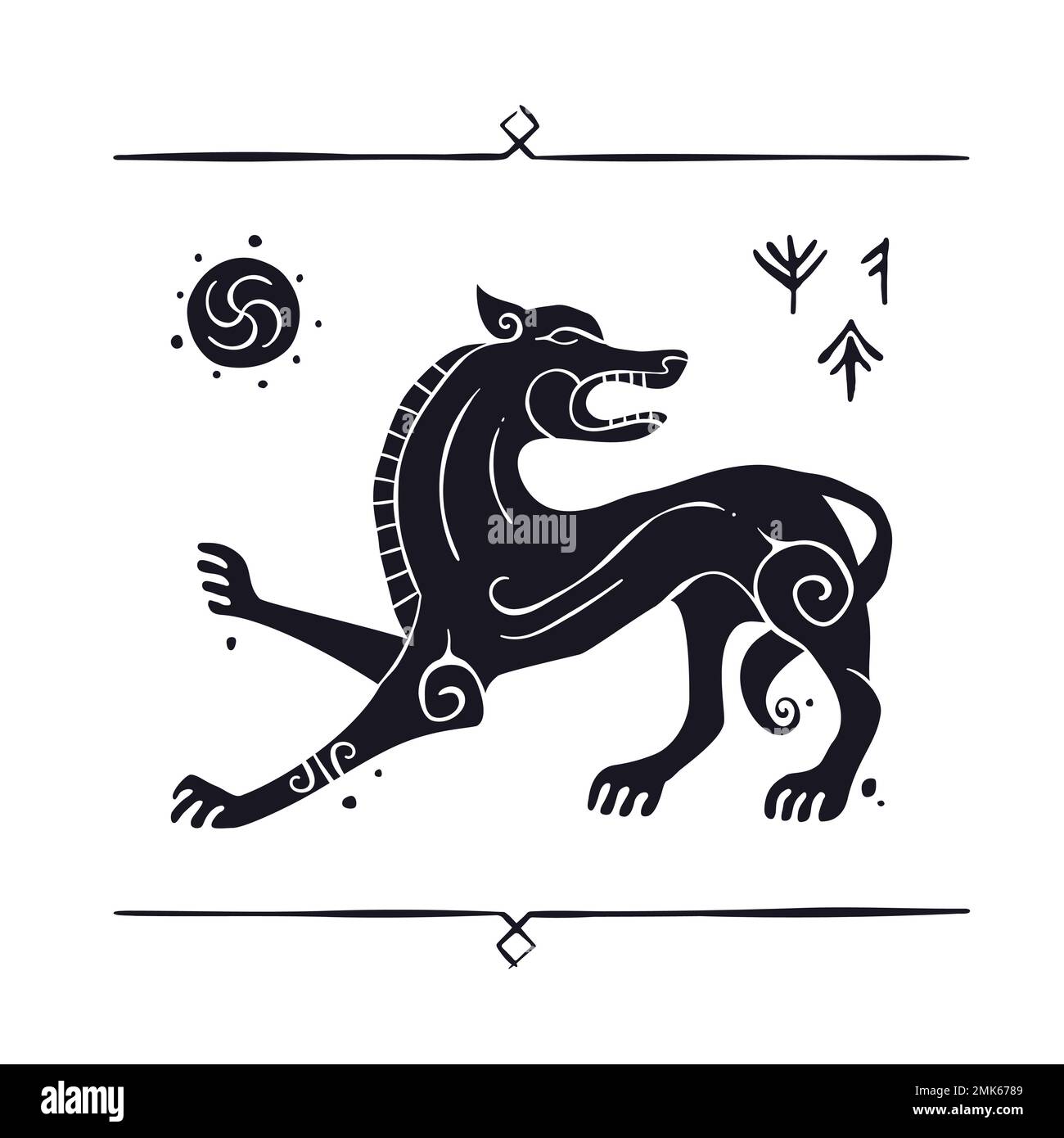 Black beast like wolf or dog decorated with ornaments, runes and ...