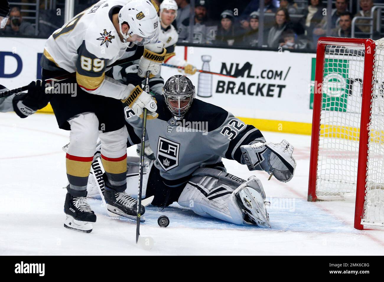 Los Angeles Kings goalie Jonathan Quick (32) stops a shot by Vegas Golden  Knights forward Alex Tuch (89) during the first period of an NHL hockey  game Saturday, April 6, 2019, in