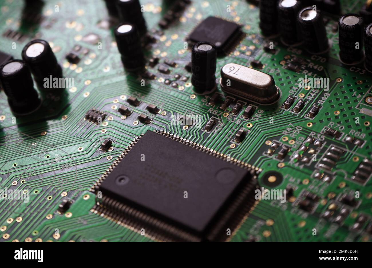 Chip on printed circuit board (PCB). Micro electronic background Stock