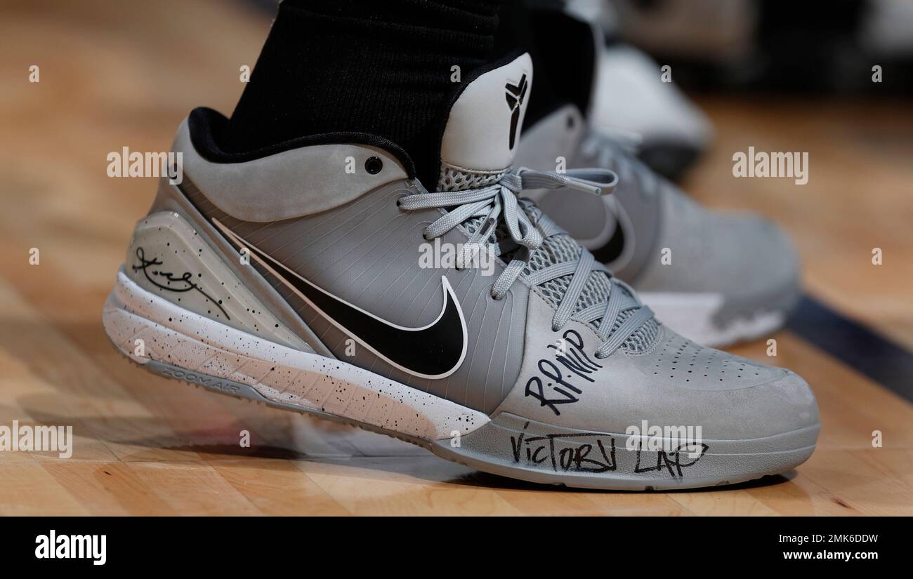 San Antonio Spurs guard DeMar DeRozan (10) wears Nike Kobe Bryant shoes  bearing a tribute to slain rapper Nipsey Hussle in the second half of an  NBA basketball game Wednesday, April 3,