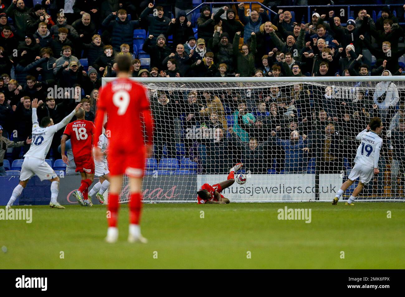 Omar Beckles of Leyton Orient (c) diverts a Josh Dacres-Cogley of Tranmere Rovers cross (not in picture) to score an own goal and give Tranmere their 1st goal. EFL Skybet Football league two match, Tranmere Rovers v Leyton Orient at Prenton Park, Birkenhead, Wirral on Saturday 28th January 2023. this image may only be used for Editorial purposes. Editorial use only, license required for commercial use. No use in betting, games or a single club/league/player publications.pic by Chris Stading/Andrew Orchard sports photography/Alamy Live News Stock Photo