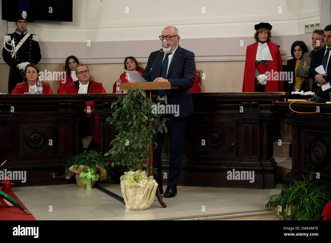 Catanzaro, Calabria, Italy. 28th Jan, 2023. Magistrate Lucio Bedetta (R-C) seen while speaking. Nicola Gratteri, the anti-mafia prosecutor who started the Maxi trial for 'Ndrangheta (mafia) in 2021, attended the Inauguration of the Judicial Year 2023, held in the Palace of Justice 'Salvatore Blasco'' in Catanzaro at the presence of local authorities and guests. (Credit Image: © Valeria Ferraro/SOPA Images via ZUMA Press Wire) EDITORIAL USAGE ONLY! Not for Commercial USAGE! Stock Photo