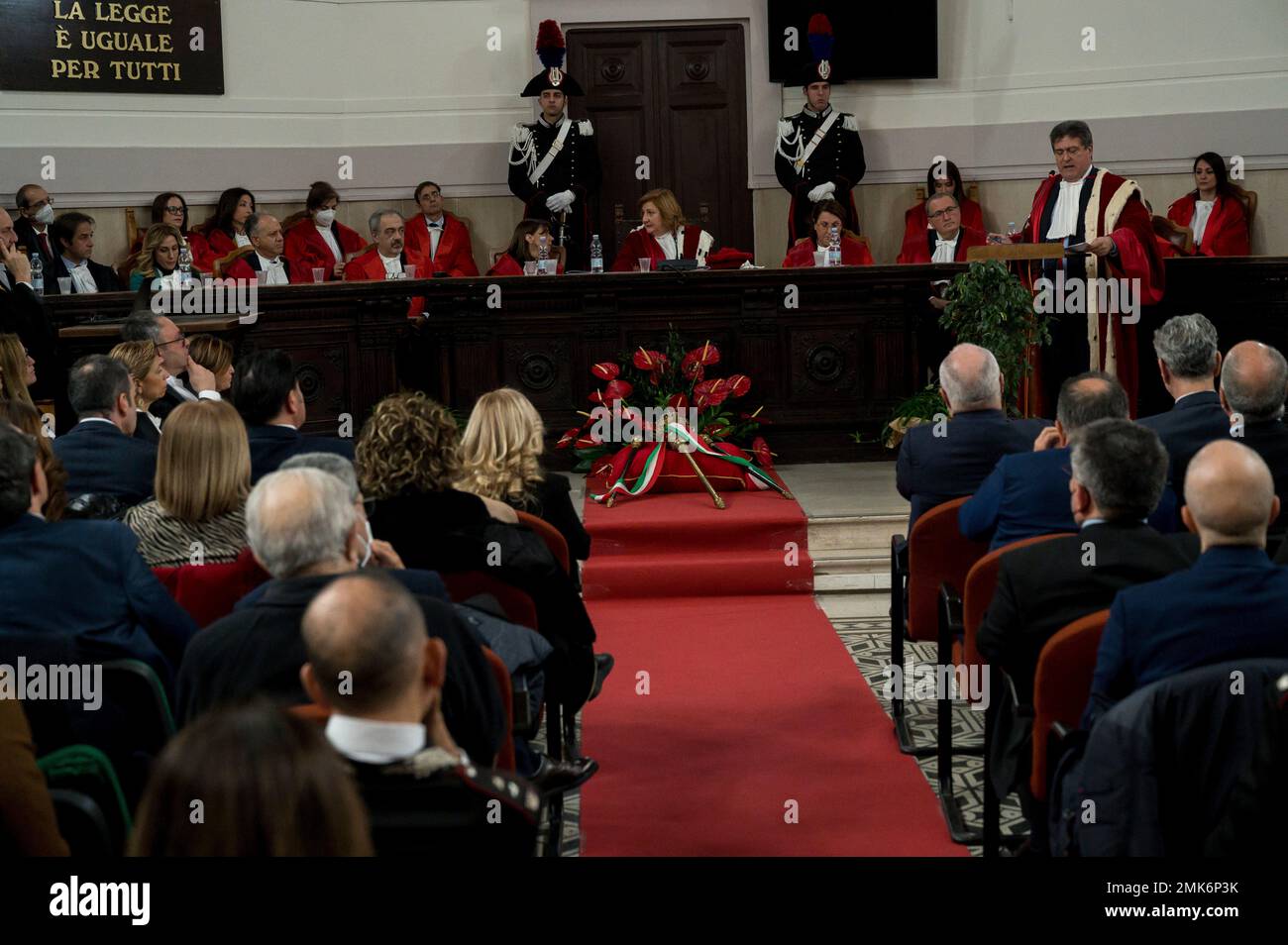 Catanzaro, Calabria, Italy. 28th Jan, 2023. Magistrates seen wearing ceremonial red dresses. Nicola Gratteri, the anti-mafia prosecutor who started the Maxi trial for 'Ndrangheta (mafia) in 2021, attended the Inauguration of the Judicial Year 2023, held in the Palace of Justice 'Salvatore Blasco'' in Catanzaro at the presence of local authorities and guests. (Credit Image: © Valeria Ferraro/SOPA Images via ZUMA Press Wire) EDITORIAL USAGE ONLY! Not for Commercial USAGE! Stock Photo