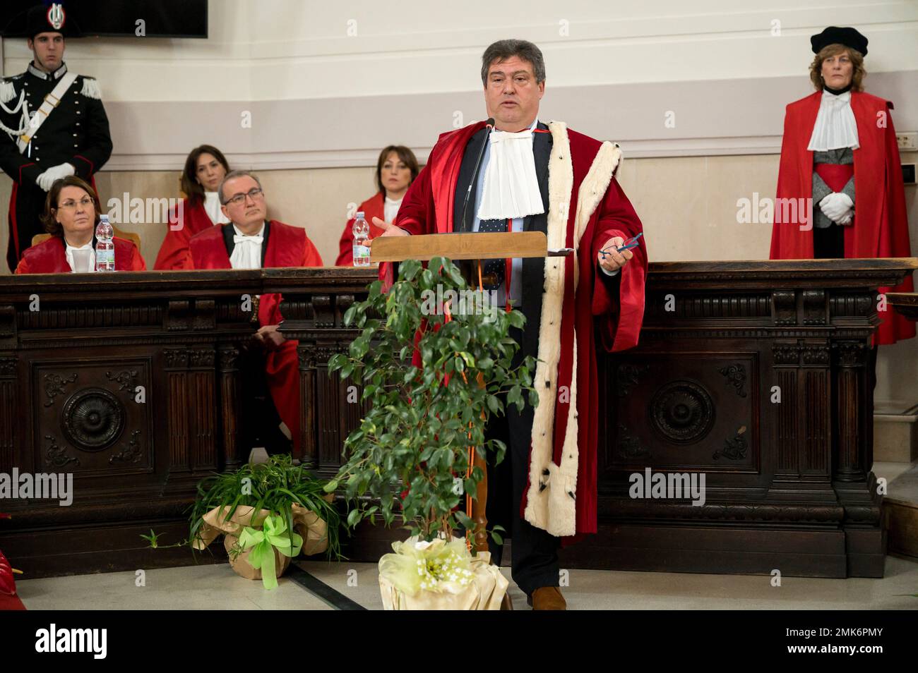 Catanzaro, Calabria, Italy. 28th Jan, 2023. General Prosecutor, Giuseppe Lucantonio (C), seen speaking at the event. Nicola Gratteri, the anti-mafia prosecutor who started the Maxi trial for 'Ndrangheta (mafia) in 2021, attended the Inauguration of the Judicial Year 2023, held in the Palace of Justice 'Salvatore Blasco'' in Catanzaro at the presence of local authorities and guests. (Credit Image: © Valeria Ferraro/SOPA Images via ZUMA Press Wire) EDITORIAL USAGE ONLY! Not for Commercial USAGE! Stock Photo