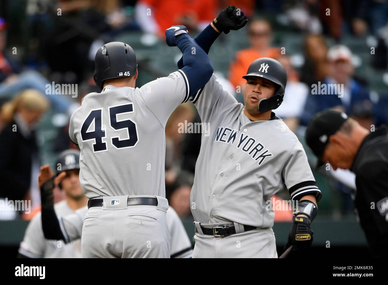 New York Yankees' Luke Voit (right) celebrates with team mate Gary Sanchez  during the MLB London Series Match at The London Stadium Stock Photo - Alamy